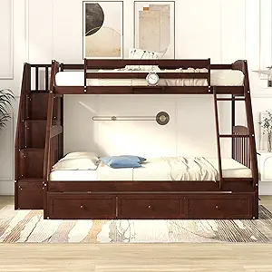 Twin Over Full Wooden Bunk Bed With Storage Staircase Drawers For Kids T... - $1,159.99