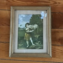 Antique Girl Showing Sheep Lamb Colored Print in Tan Mat &amp; Gilt Painted Wood - £12.42 GBP