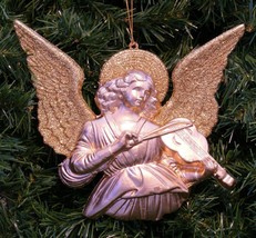 Glitter &amp; Gold Angel Playing Violin Christmas Ornament - £7.16 GBP
