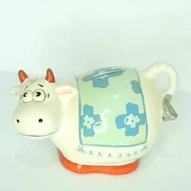 Smiling Cow Piggy Bank With Stopper Ceramic Blue Flowers 5&quot; Tall - $461.15 MXN