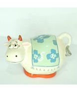 Smiling Cow Piggy Bank With Stopper Ceramic Blue Flowers 5&quot; Tall - £19.34 GBP