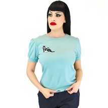 Embroidered Retro Cat Girl Pastel Blue Blouse XS-3XL - £35.97 GBP
