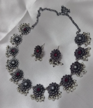 Bollywood Style Indian Antique Silver Plated Choker Necklace Pearl Jewelry Set - £52.53 GBP