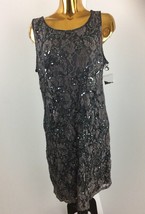 Pisarro Nights Embellished Mesh Beaded Sleeveless Tank Brown Gray Lace Dress 16 - £63.69 GBP