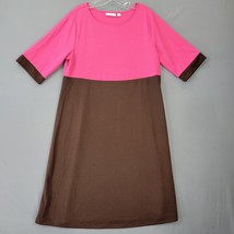 Susan Graver Women Dress Size L Pink Brown Midi Classic Short Sleeve Rou... - £12.03 GBP