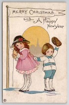 Christmas Children Raise Pennant Girl Pink Dress Boy Happy New Year Postcard U26 - £7.04 GBP