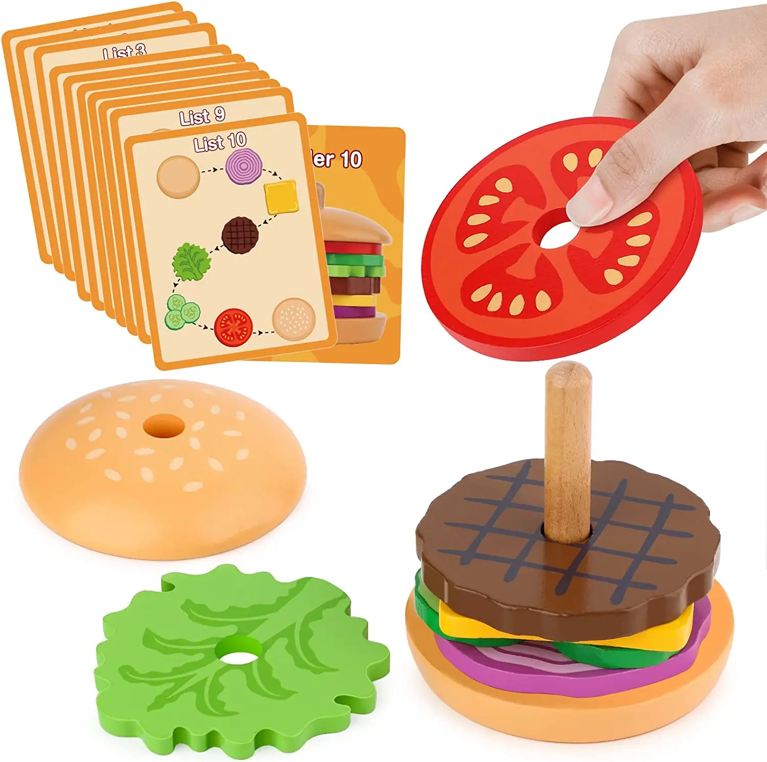 Montessori Wooden Burger Stacking Toys for Toddlers and Kids Preschool - £13.35 GBP+