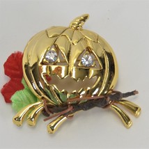 Avon Gold Tone Halloween Jack O Lantern Pumpkin Rhinestone Eyes Brooch Pin - €6,85 EUR