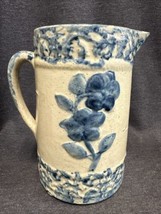 Vintage Wild Rose Blue &amp; White Spongeware Pitcher With Damage - £51.43 GBP