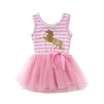 NWT Girls Gold Glitter Unicorn Pink Striped Sleevless Tutu Dress 2T 3T 4T 5T - £6.76 GBP