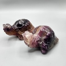 Amethyst or Fluorite Hand Carved Turtle Figurine Pair 5&quot; Stone Statues P... - $96.57