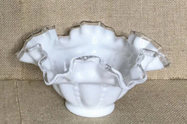 Vintage Fenton Milk Glass Silver Crest Ruffled Hobnail Candy Dish Bowl - $21.78