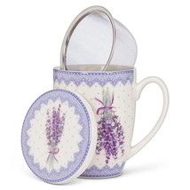 Lavender Print Covered Mug with Strainer 12 oz Bone China 4.5" High Purple Sprig