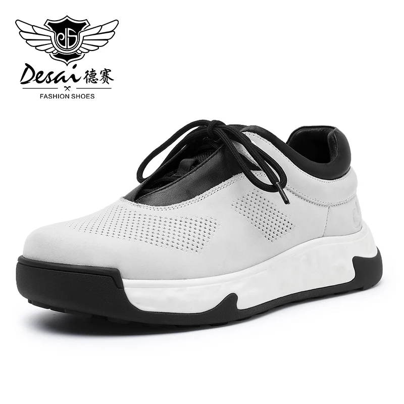 Genuine Leather Men Casual Shoes Thick Bottom White Blue Male Sports Sne... - $143.47