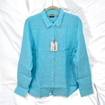 Untuckit Shirt Women&#39;s Size 6 Blush Aqua Blue 100% Linen Button Up Long ... - $32.71