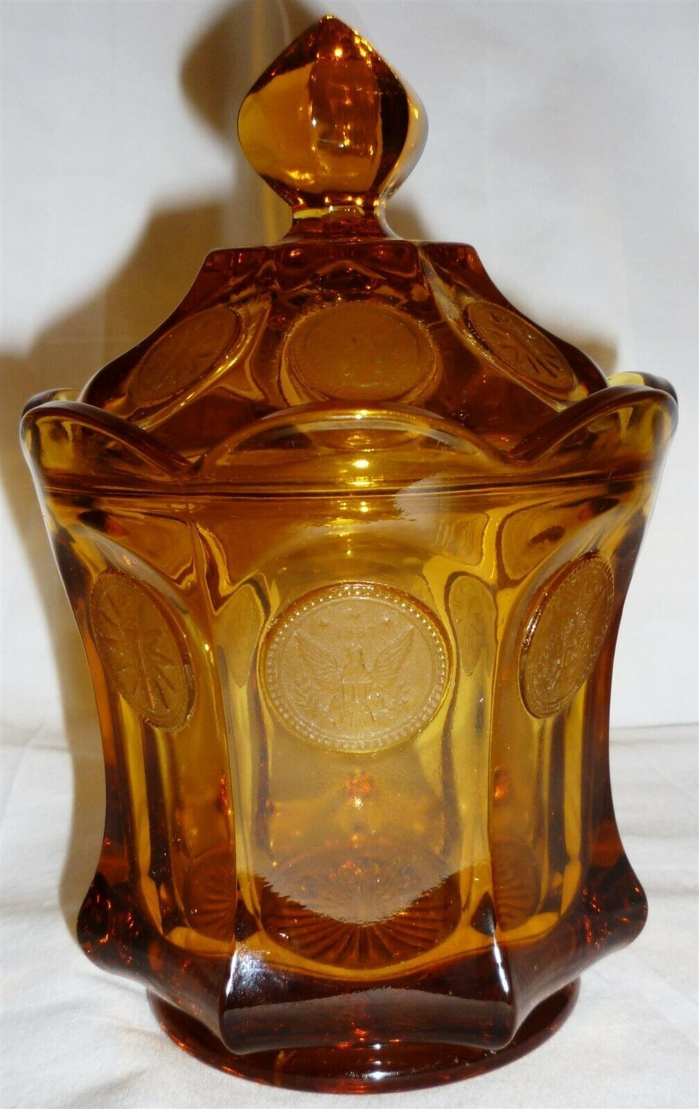 VINTAGE FOSTORIA AMBER GLASS COIN LIDDED JAR - $20.00