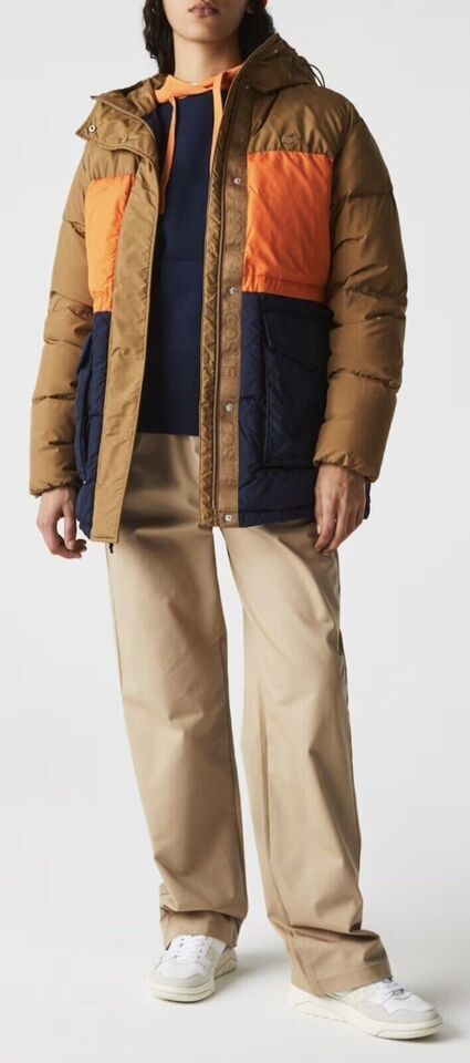 Lacoste Women’s Hooded Belted Colorblock Quilted Jacket- Sz 38-6 OJ/BRWN NWT
