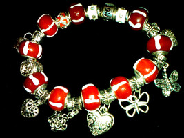 8" Sterling Silver Red and White Pandora Style w/lots of charms Bracelet - £27.91 GBP