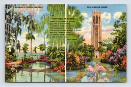 Dual View Cypress Gardens Singing Tower Florida FL Linen Postcard M4 - £2.41 GBP