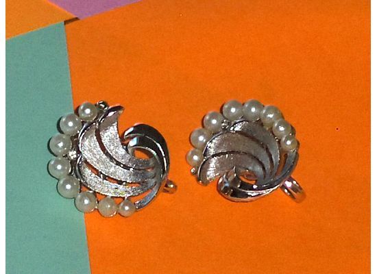 Trifari Faux Pearl Swirl Earrings Clip On  - $12.97