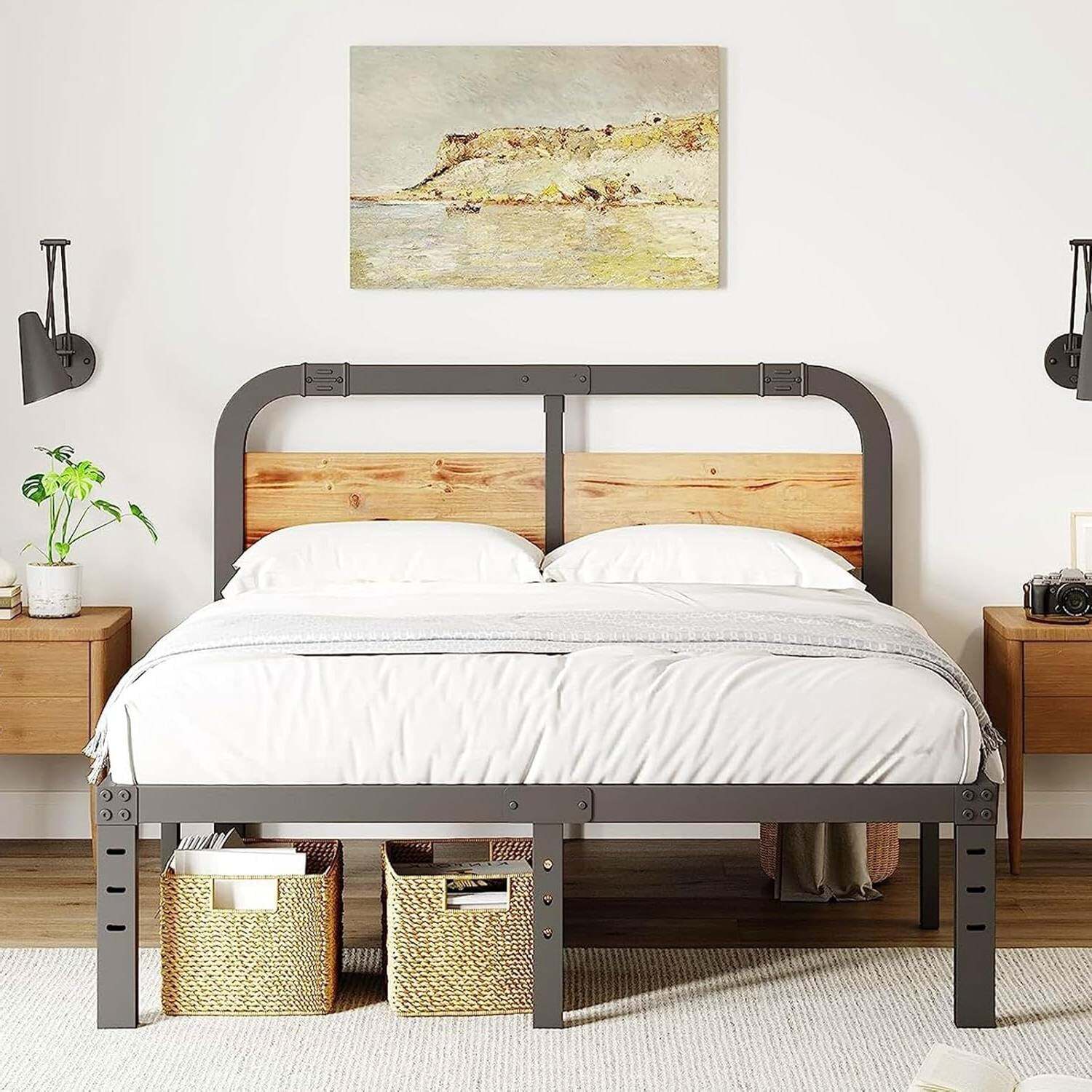California King Heavy Duty Black Metal Bed Frame With Wood Headboard Item image 2