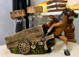 Country Western Brown Horse Pulling Cart Wagon Salt Pepper Shakers Holder Set - £21.95 GBP