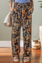 Multicolour Floral Shirred High Waist Wide Leg Pants with Tie - $314.01 MXN