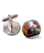 Steam Train Cufflinks handmade art set into 16mm round silver plated cuf... - £12.85 GBP