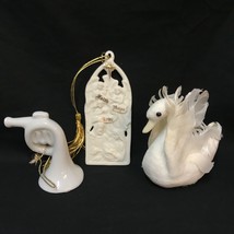 White Christmas Ornament Set Feathered Swan Ceramic French Horn Faith Hope Love - £13.19 GBP