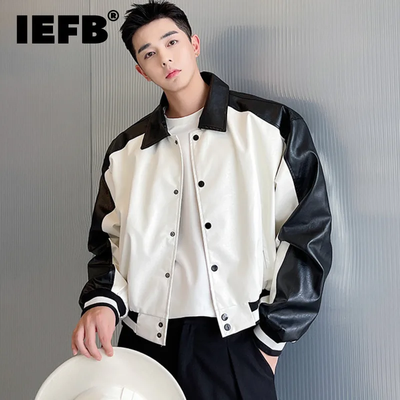 Primary image for IEFB Men Color Block work Casual Sweatwear PU Leather Jacket 2022 New Design Loo