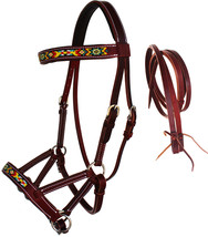 Horse Western Leather Tack Beaded Bitless Sidepull Bridle Reins Brown 77... - $58.99