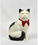 Vintage Cast Iron Still Bank Cat Red Bow Original Paint - $98.95