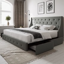 Allewie Queen Bed Frame In Light Grey, Button Tufted, Box Spring Not Req... - $275.93