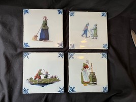 Antique Lot De 4 Dutch Delft Makkum Polychrome Tuiles - $128.99