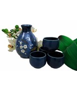 Ebros Japanese 8oz Ceramic Blue Cherry Blossom Sake Flask With Four Cups - $42.20 CAD