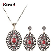 2Pcs Vintage Wedding Jewelry Sets Fashion Antique Gold Crystal Red Necklace And  - £7.20 GBP