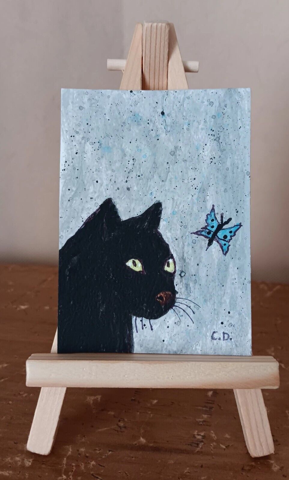 ACEO Original Black Cat Vs Butterfly Painting Signed Collectible Mini Ar... - $4.52
