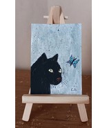 ACEO Original Black Cat Vs Butterfly Painting Signed Collectible Mini Ar... - $4.52