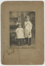 Antique c1900s 6x11 in Cabinet Card Adorable Brother and Sister in Fancy Clothes - £11.00 GBP