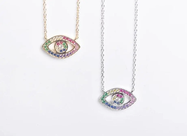 ADIRFINE 925 Sterling Silver Rainbow Cubic Zirconia Evil Eye Pendant Necklace - £47.78 GBP