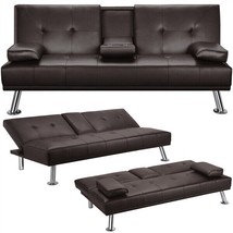 Modern Faux Leather Futon Sofa Couch Bed Convertible Loveseat Sleeper Espresso - £331.68 GBP