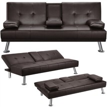 Modern Faux Leather Futon Sofa Couch Bed Convertible Loveseat Sleeper Espresso - £313.88 GBP