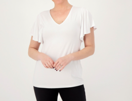 Susan Graver Weekend Cool Touch V-Neck Flutter Sleeve Top White, Large - £19.74 GBP