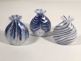 Studio Art Pulled Feather Art Glass Mini Vase Bottles Blue &amp; White Iride... - $99.00
