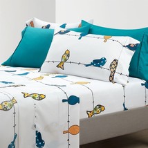 Full Teal Yellow White Floral Birds on Wire Soft Polyester 6 Piece Sheet Set - $181.86