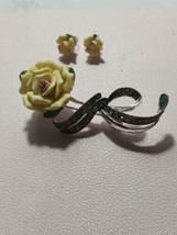 AVON Vintage 80’s Silver Tone Yellow Rose Pin Brooch and Earrings- Signed - £9.03 GBP