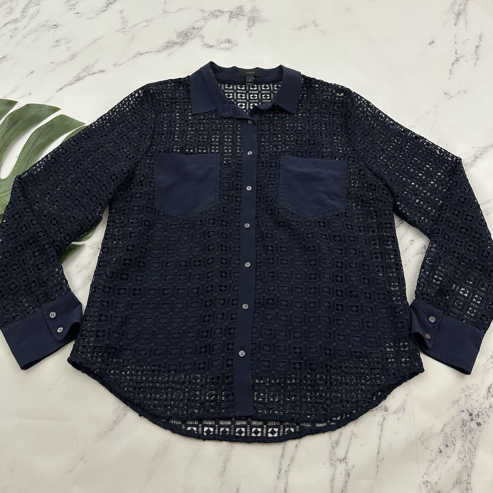 J.Crew Eyelet Lace Button Up Top Shirt Size 14 Navy Blue Long Sleeve Sheer - $28.70