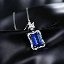 2.20Ct Emerald Cut CZ Blue  Sapphire Halo Pendant 14k White Gold Plated - £96.21 GBP