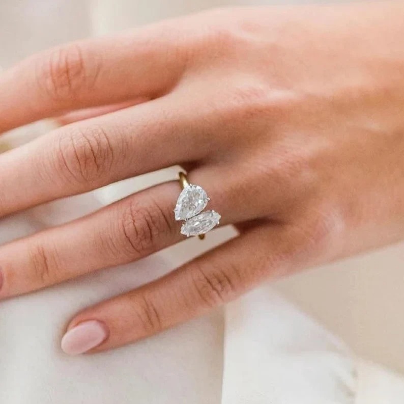 Toi Et Moi Engagement Ring, 1.93 CT Pear And 1.98 Ct Marquise Cut Two Stone Ring