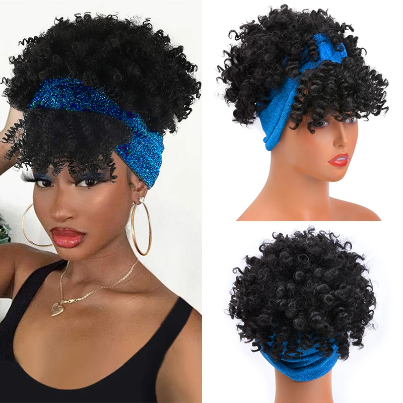 Headband Wig With Bangs Afro Kinky Curly Wig Synthetic Heat Resistant Natur - £12.36 GBP+